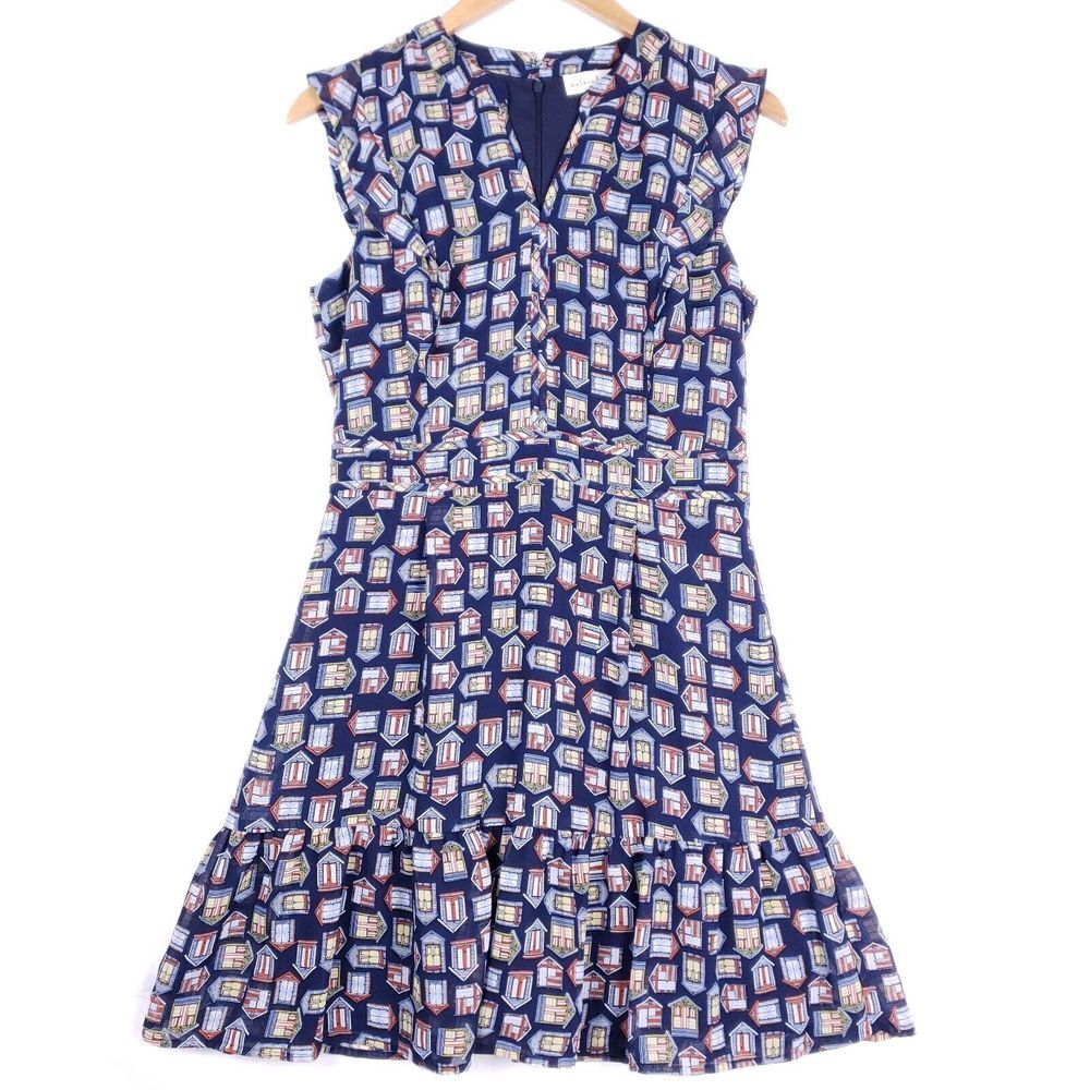Maison Jules Windowpane Print Flare Ruffle Hem V-Neck Dress  Women 4 Cottagecore